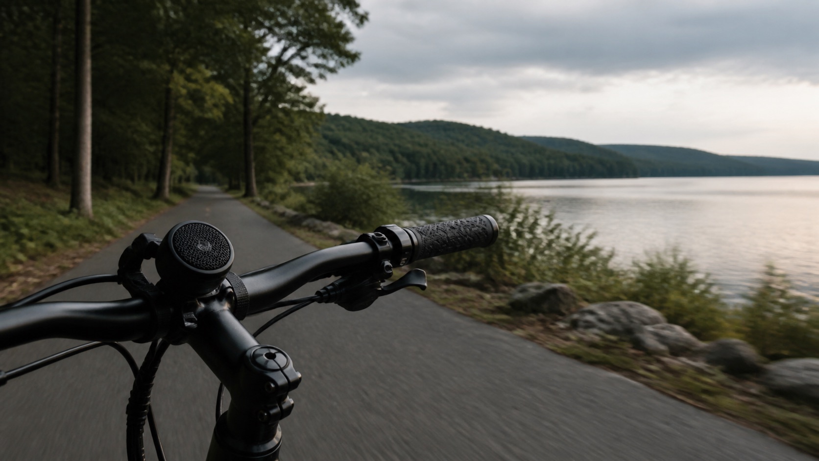 An e-bike with a handlebar speaker rolls along a quiet lakeside path