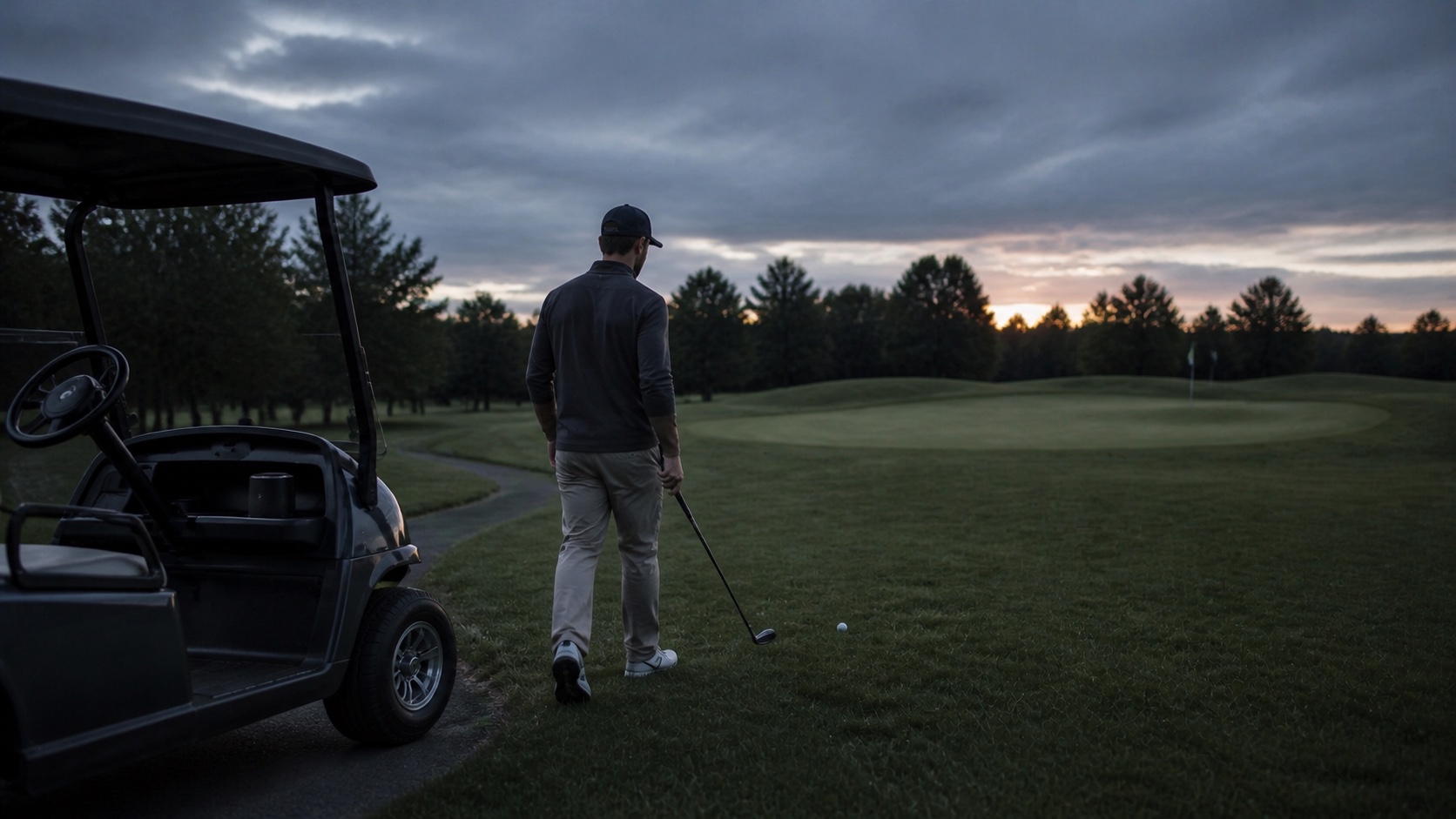 A golfer walks from a parked golf cart toward a ball while a Bluetooth speaker stays in the cart