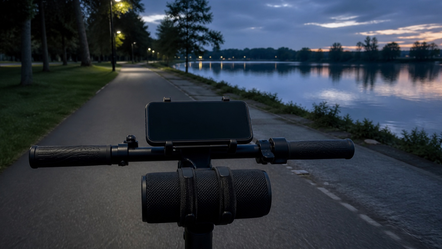 A scooter with a securely mounted phone and Bluetooth speaker rolls beside a lake at blue hour